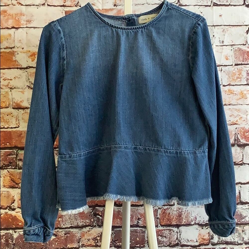 Cloth & Stone Denim Frayed Long Sleeve Blouse